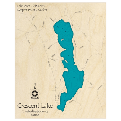 Bathymetric topo map of Crescent Lake with roads, towns and depths noted in blue water