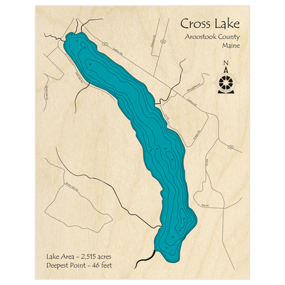 Bathymetric topo map of Cross Lake with roads, towns and depths noted in blue water