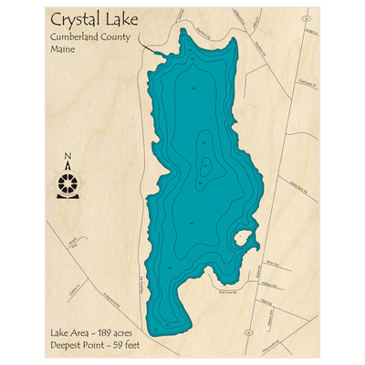 Bathymetric topo map of Crystal Lake (in Gray Township) with roads, towns and depths noted in blue water