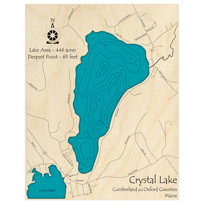 Bathymetric topo map of Crystal Lake (Near Harrison) with roads, towns and depths noted in blue water