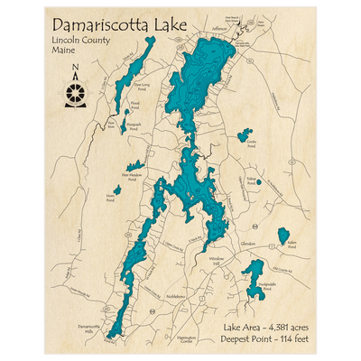 Bathymetric topo map of Damariscotta Lake with roads, towns and depths noted in blue water