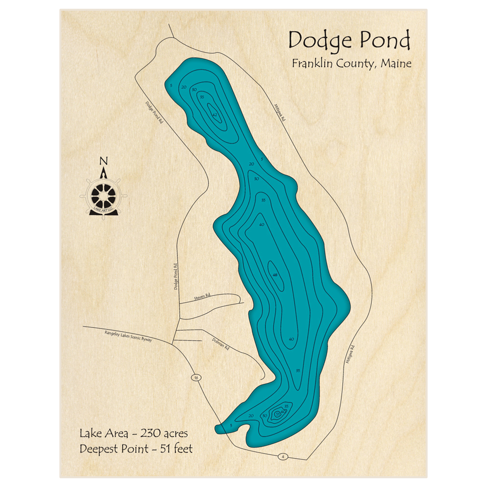 Bathymetric topo map of Dodge Pond with roads, towns and depths noted in blue water