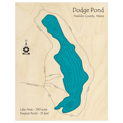 Bathymetric topo map of Dodge Pond with roads, towns and depths noted in blue water