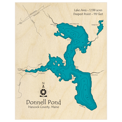 Bathymetric topo map of Donnell Pond with roads, towns and depths noted in blue water