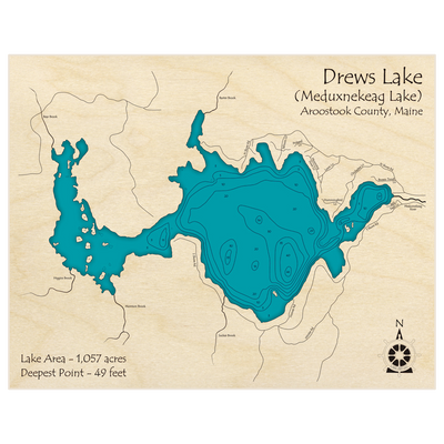 Bathymetric topo map of Drews Lake (Meduxnekeag Lake) with roads, towns and depths noted in blue water