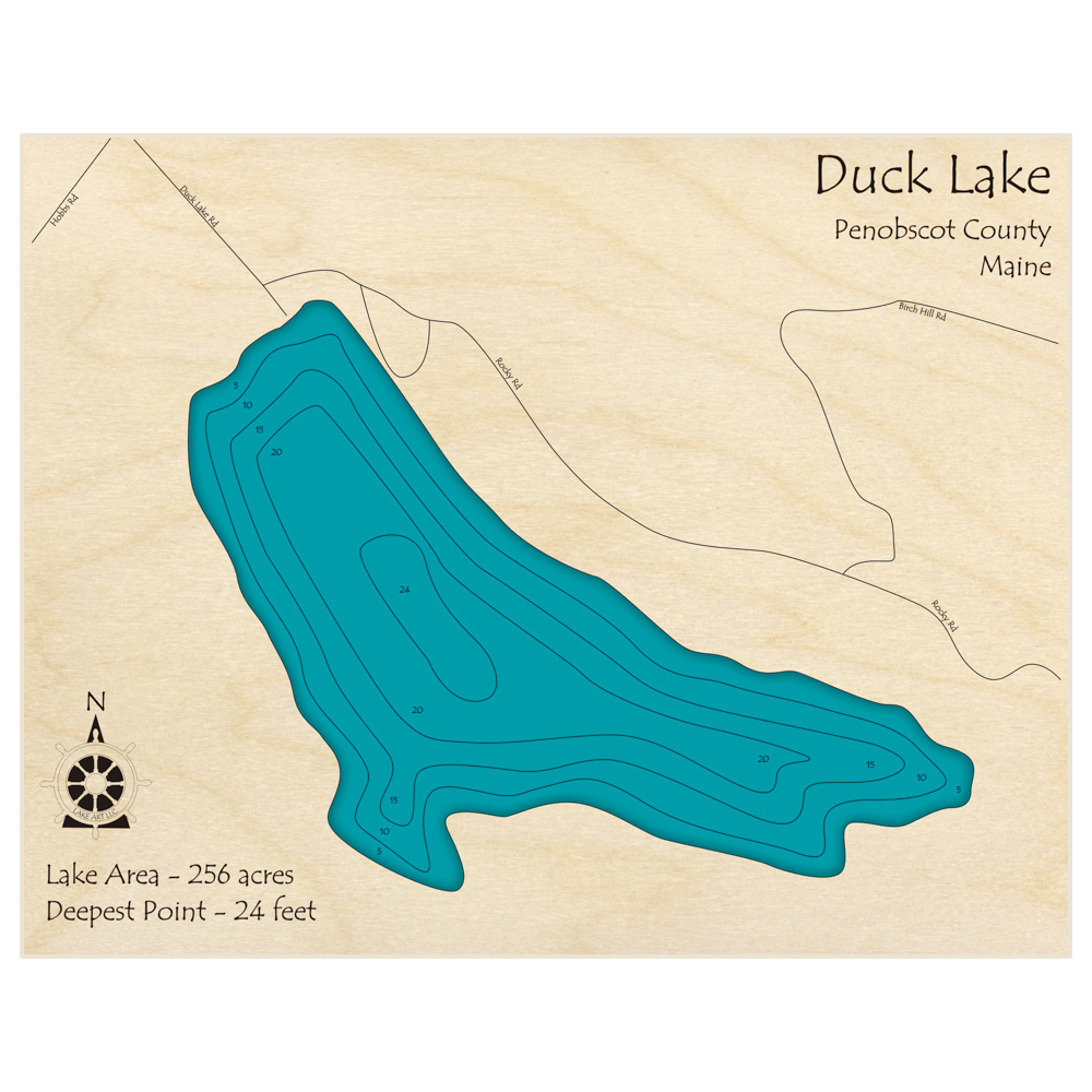 Bathymetric topo map of Duck Lake with roads, towns and depths noted in blue water