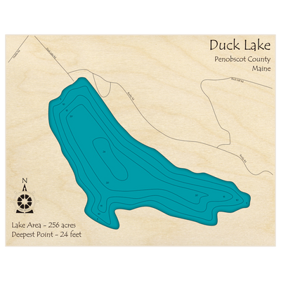 Bathymetric topo map of Duck Lake with roads, towns and depths noted in blue water