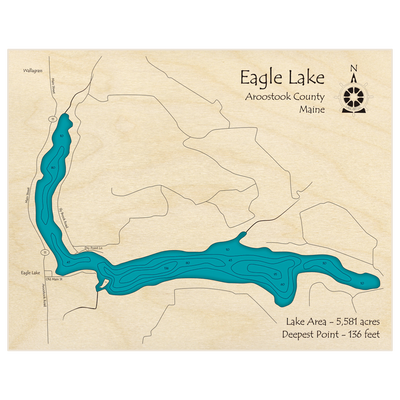 Bathymetric topo map of Eagle Lake with roads, towns and depths noted in blue water