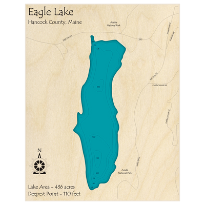 Bathymetric topo map of Eagle Lake with roads, towns and depths noted in blue water