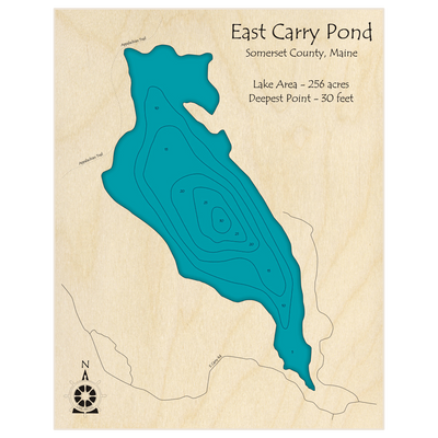 Bathymetric topo map of East Carry Pond with roads, towns and depths noted in blue water