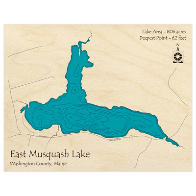 Bathymetric topo map of East Musquash Lake with roads, towns and depths noted in blue water