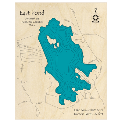 Bathymetric topo map of East Pond with roads, towns and depths noted in blue water