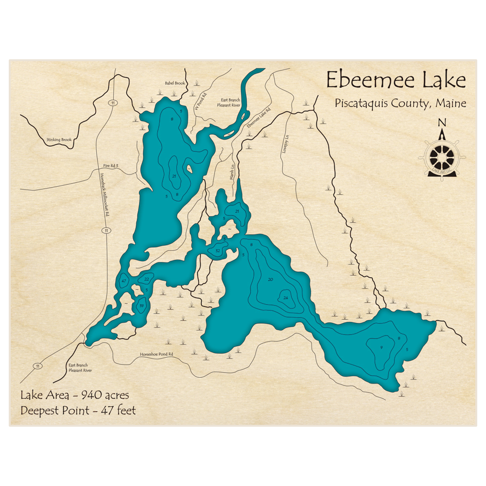 Bathymetric topo map of Ebeemee Lake with roads, towns and depths noted in blue water