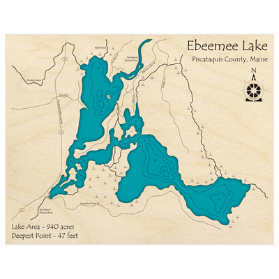 Bathymetric topo map of Ebeemee Lake with roads, towns and depths noted in blue water