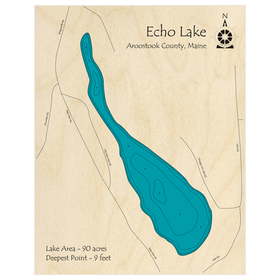 Bathymetric topo map of Echo Lake with roads, towns and depths noted in blue water