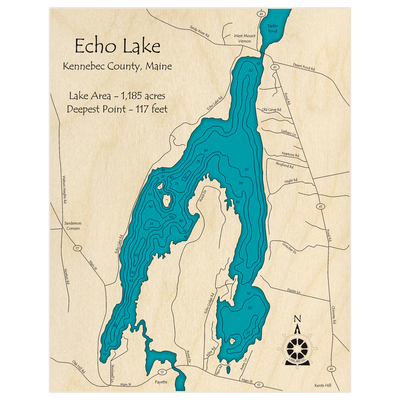 Bathymetric topo map of Echo Lake with roads, towns and depths noted in blue water