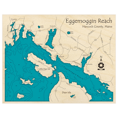 Bathymetric topo map of Eggemoggin Reach with roads, towns and depths noted in blue water