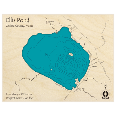 Bathymetric topo map of Ellis Pond with roads, towns and depths noted in blue water