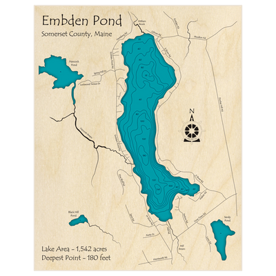 Bathymetric topo map of Embden Pond with roads, towns and depths noted in blue water