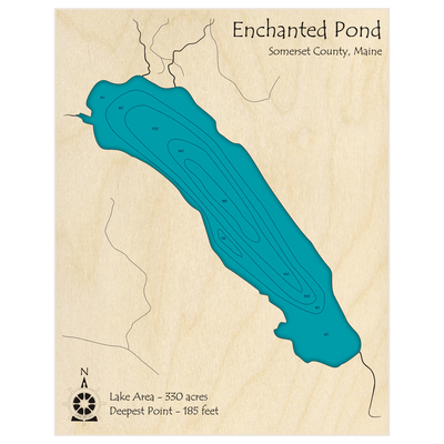 Bathymetric topo map of Enchanted Pond with roads, towns and depths noted in blue water