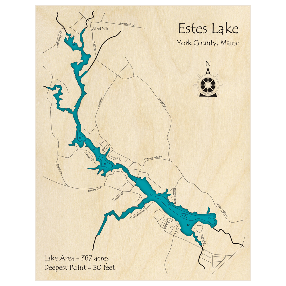 Bathymetric topo map of Estes Lake with roads, towns and depths noted in blue water