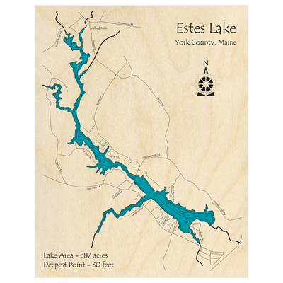 Bathymetric topo map of Estes Lake with roads, towns and depths noted in blue water