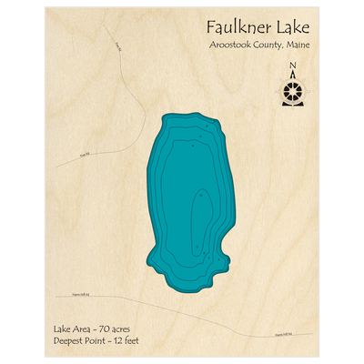 Bathymetric topo map of Faulkner Lake with roads, towns and depths noted in blue water