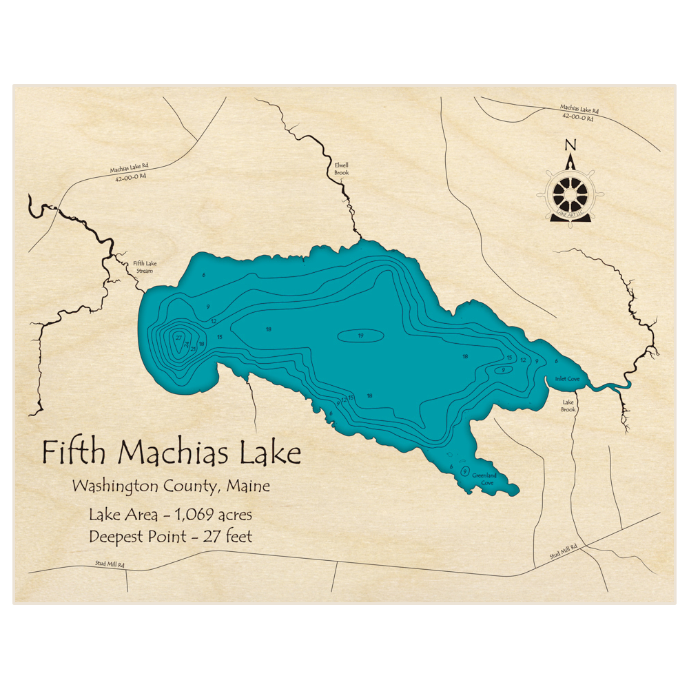 Bathymetric topo map of Fifth Machias Lake with roads, towns and depths noted in blue water