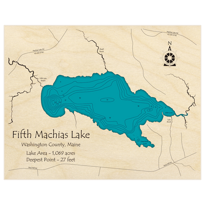 Bathymetric topo map of Fifth Machias Lake with roads, towns and depths noted in blue water