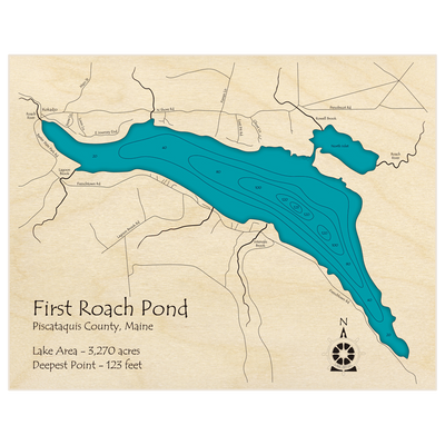 Bathymetric topo map of First Roach Pond with roads, towns and depths noted in blue water