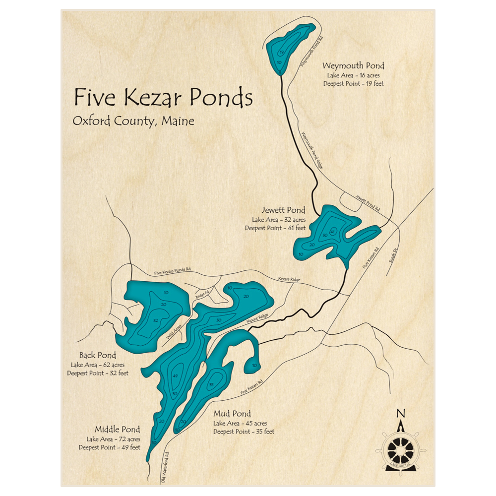 Bathymetric topo map of Five Kezar Ponds plus Weymouth Pond with roads, towns and depths noted in blue water