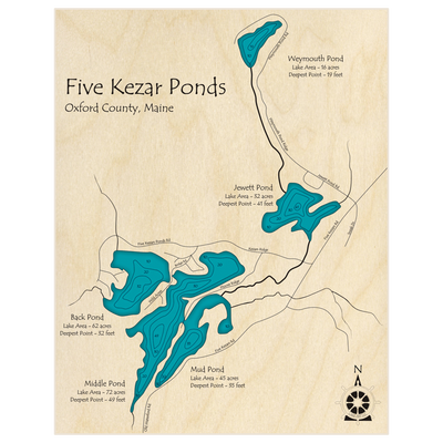 Bathymetric topo map of Five Kezar Ponds plus Weymouth Pond with roads, towns and depths noted in blue water