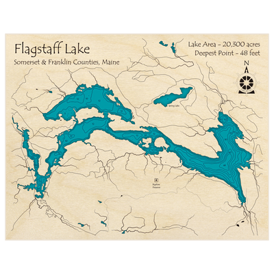 Bathymetric topo map of Flagstaff Lake with roads, towns and depths noted in blue water