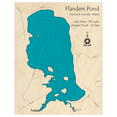 Bathymetric topo map of Flanders Pond with roads, towns and depths noted in blue water