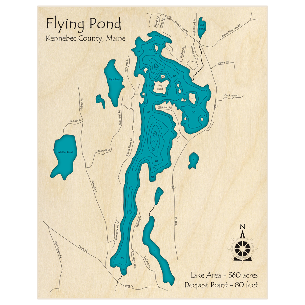 Bathymetric topo map of Flying Pond with roads, towns and depths noted in blue water