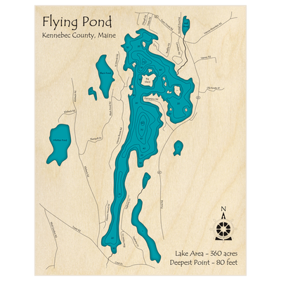 Bathymetric topo map of Flying Pond with roads, towns and depths noted in blue water