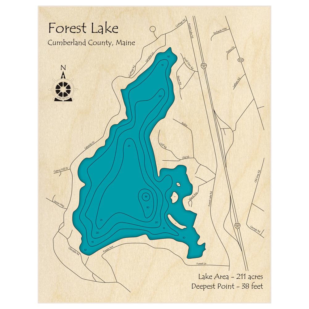 Bathymetric topo map of Forest Lake with roads, towns and depths noted in blue water