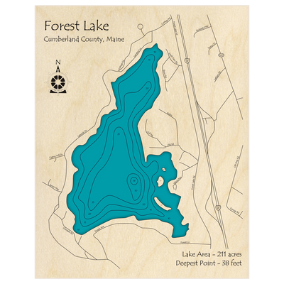 Bathymetric topo map of Forest Lake with roads, towns and depths noted in blue water