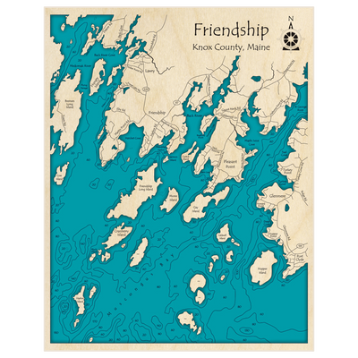 Bathymetric topo map of Friendship (and Muscongus Bay) with roads, towns and depths noted in blue water