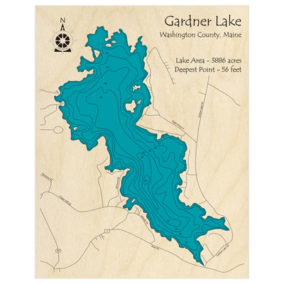 Bathymetric topo map of Gardner Lake with roads, towns and depths noted in blue water