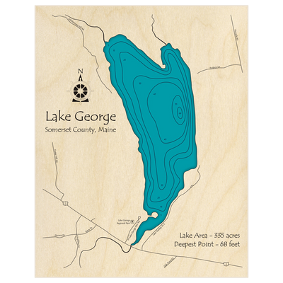 Bathymetric topo map of Lake George with roads, towns and depths noted in blue water