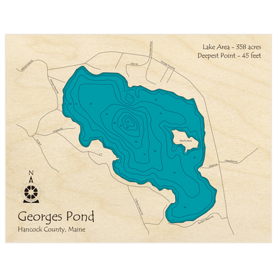 Bathymetric topo map of Georges Pond with roads, towns and depths noted in blue water