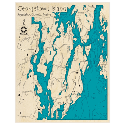 Bathymetric topo map of Georgetown Island with roads, towns and depths noted in blue water