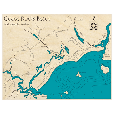 Bathymetric topo map of Goose Rocks Beach with roads, towns and depths noted in blue water