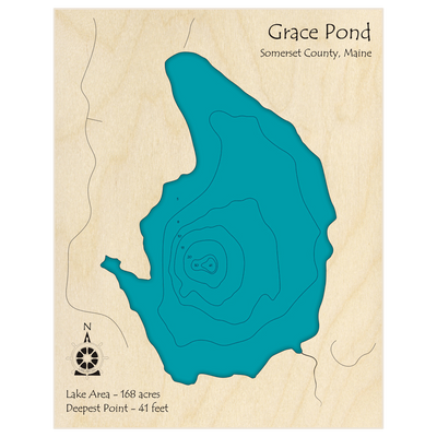 Bathymetric topo map of Grace Pond with roads, towns and depths noted in blue water