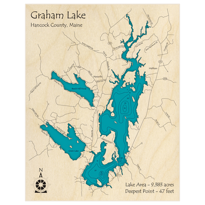 Bathymetric topo map of Graham Lake with roads, towns and depths noted in blue water