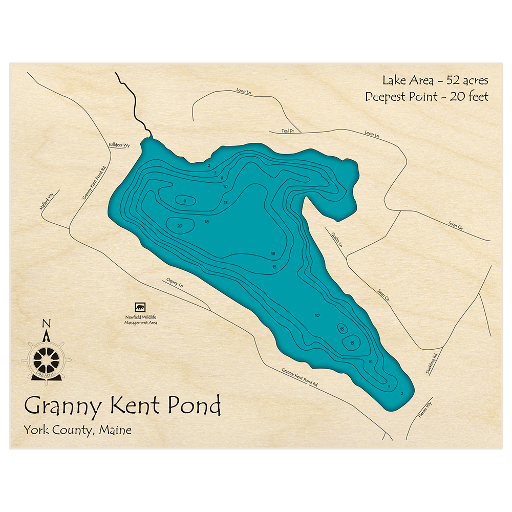 Bathymetric topo map of Granny Kent Pond with roads, towns and depths noted in blue water