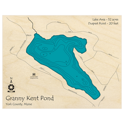 Bathymetric topo map of Granny Kent Pond with roads, towns and depths noted in blue water