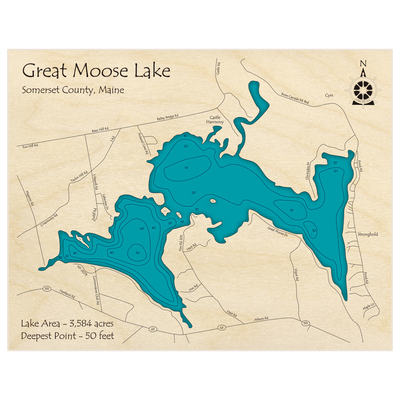 Bathymetric topo map of Great Moose Lake with roads, towns and depths noted in blue water