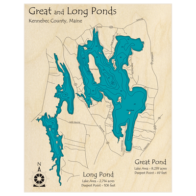 Bathymetric topo map of Great Pond (With Long Pond) with roads, towns and depths noted in blue water